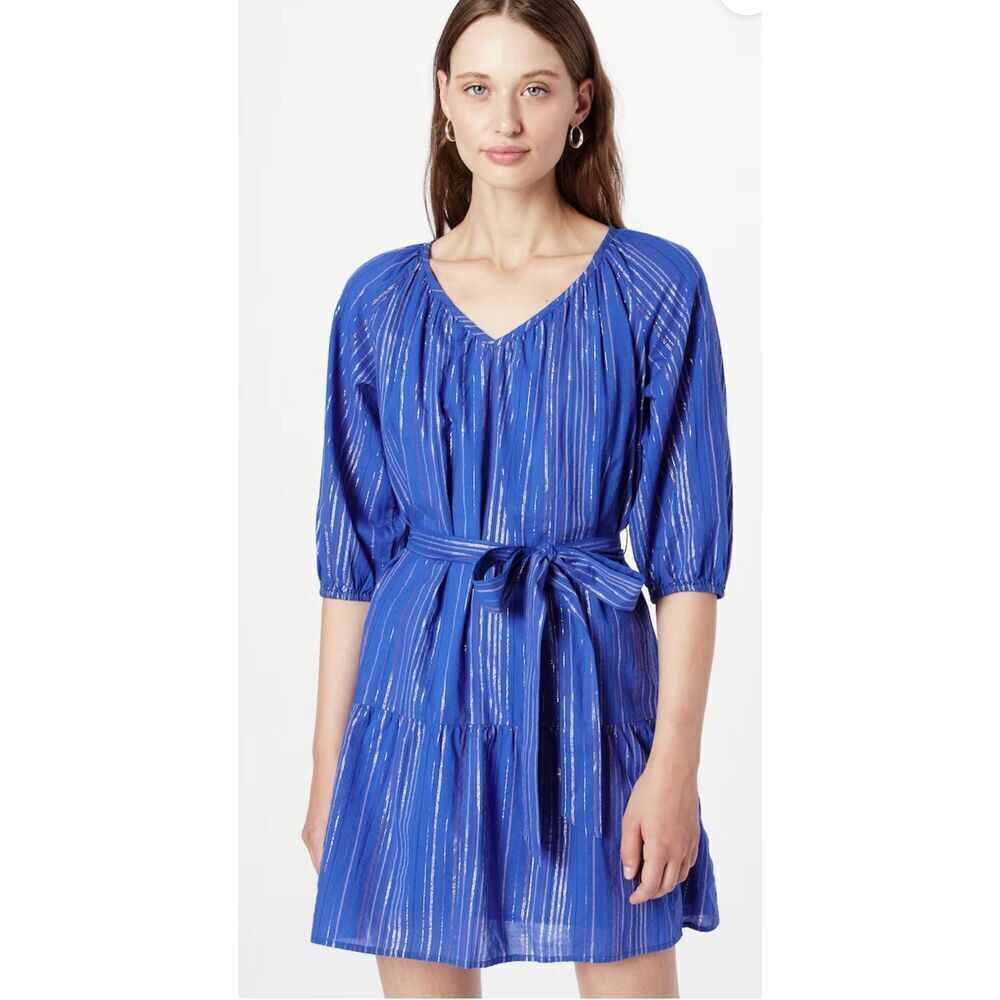 Gap Womens Boho Metallic Striped Belted Tiered Mini Dress Blue Size‎ Large NWT